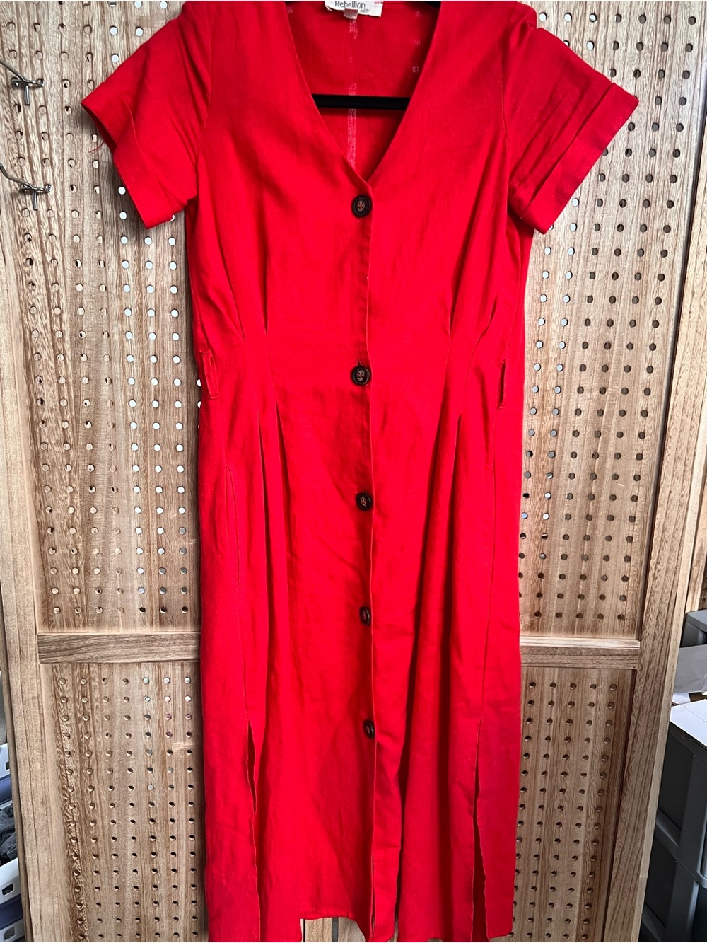 Vintage Rebellion Again Red Linen Button Front Midi Dress XSmall